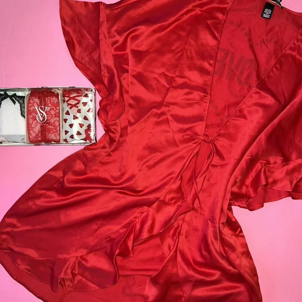 Victoria's Secret S,M thong lot+ROBE RED white pink black HEART LOVE Valentine